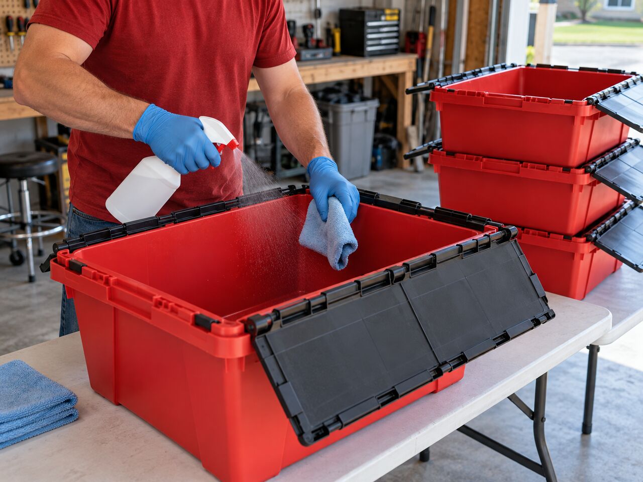 A person wiping a red tote with a spray bottle and cloth
