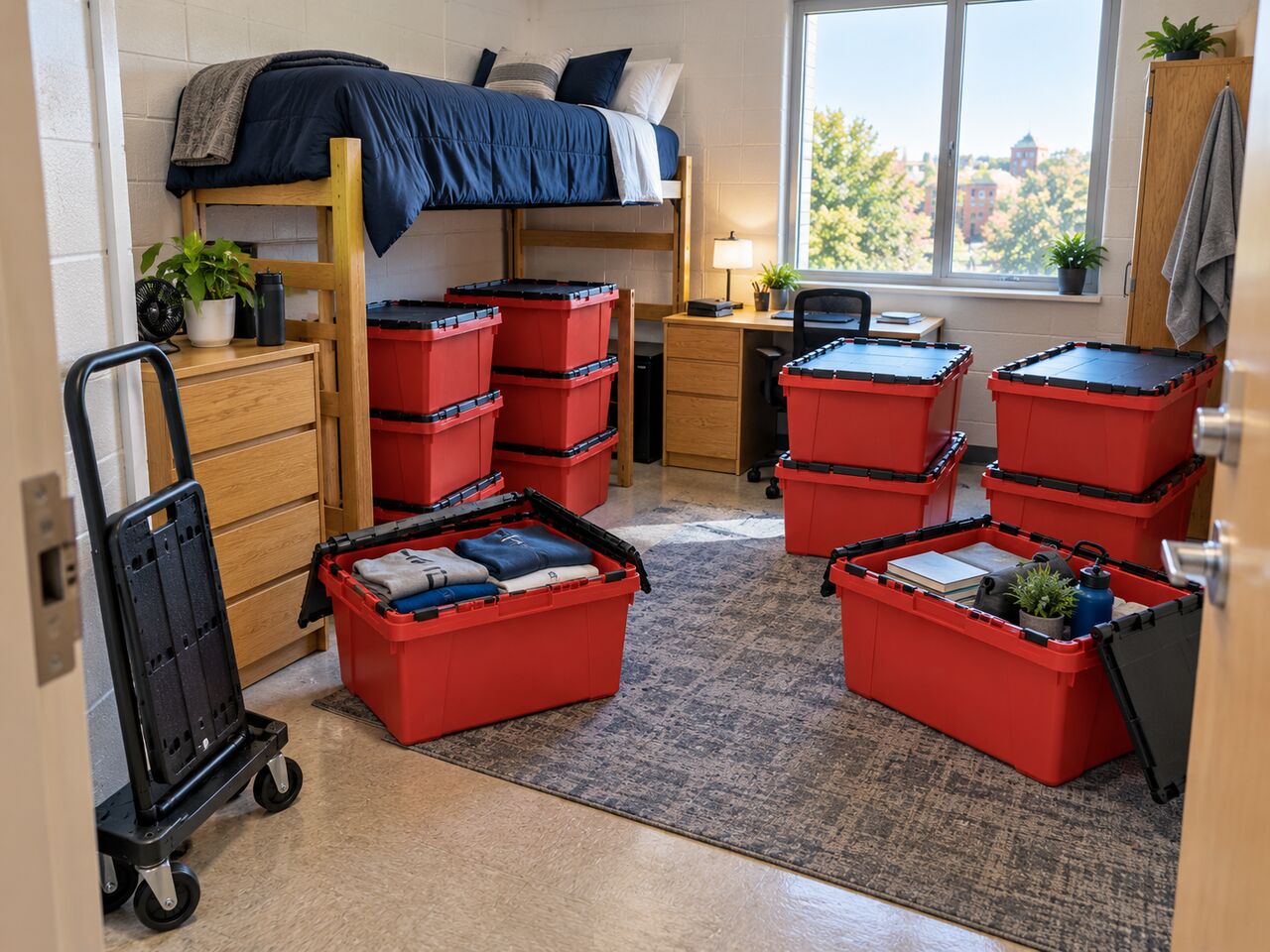 Red totes stacked in a dorm room with a lofted bed
