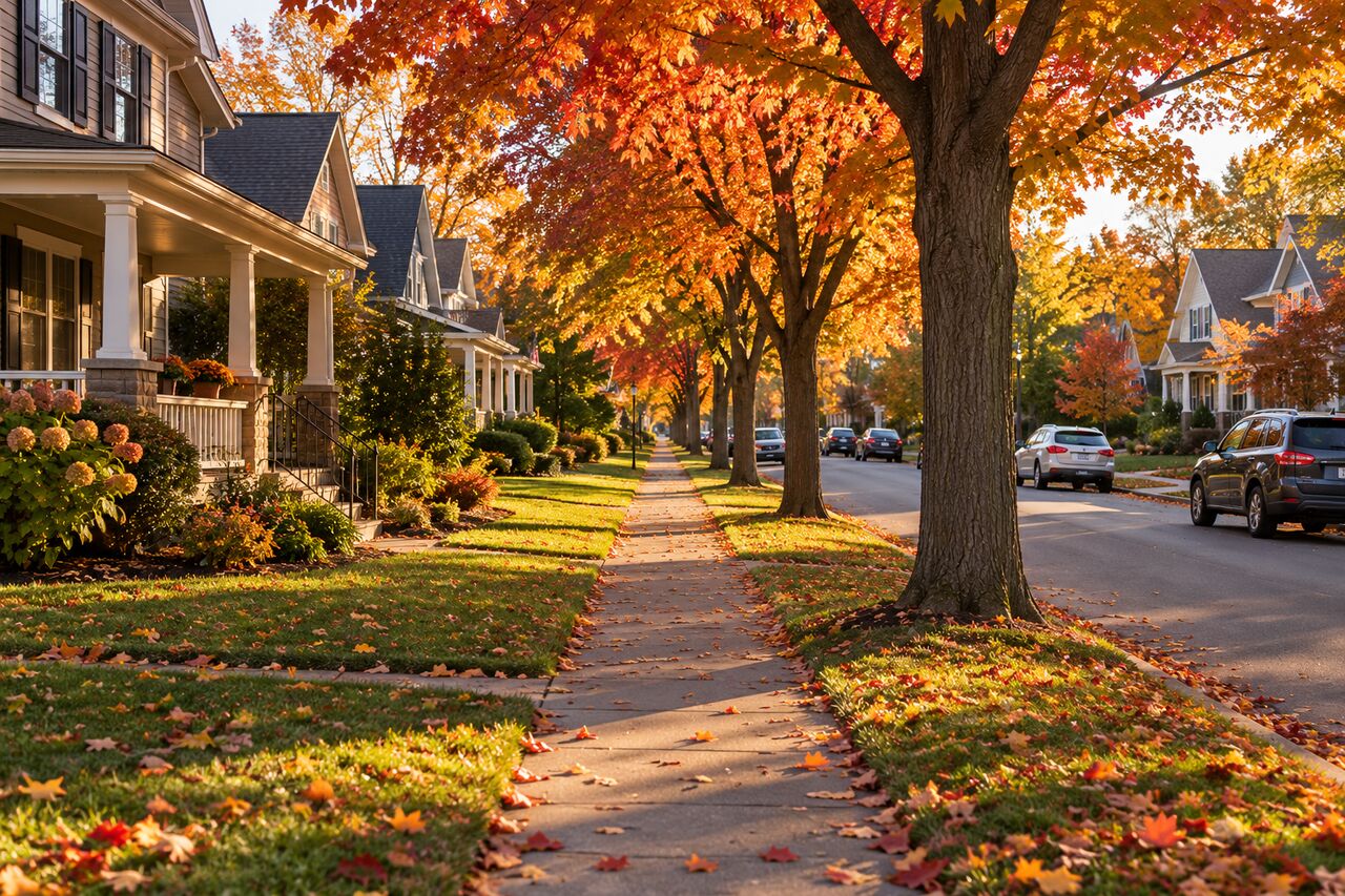 A tree-lined Rochester neighborhood street in the fall